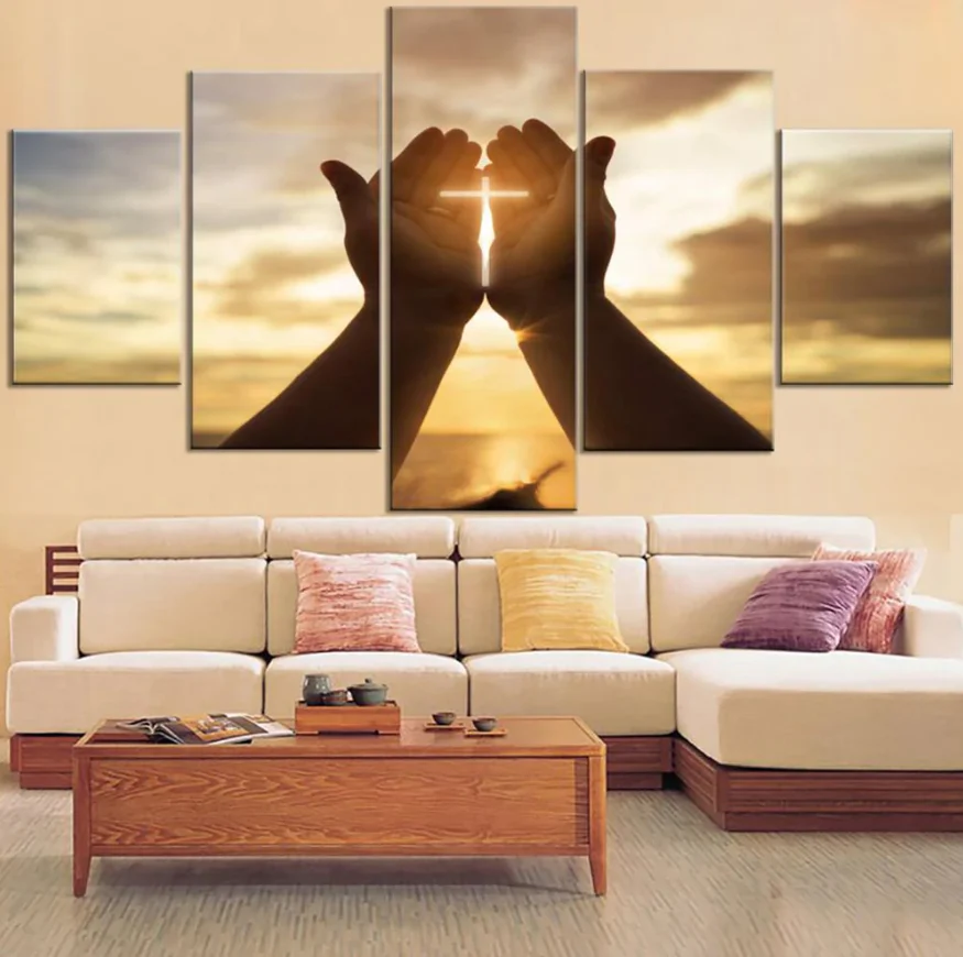 Wall Crosses Decor Jesus Hands Prayer Paintings Wall Art 5 Piece Christian Canvas Home Decor