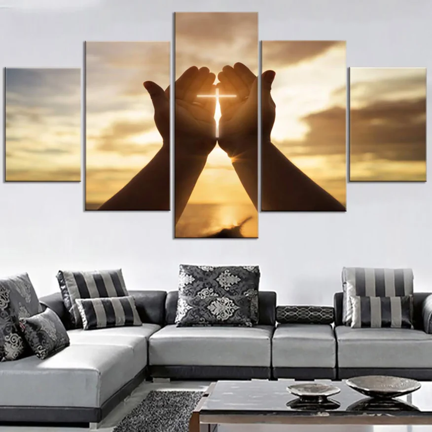 Wall Crosses Decor Jesus Hands Prayer Paintings Wall Art 5 Piece Christian Canvas Home Decor - Image 3
