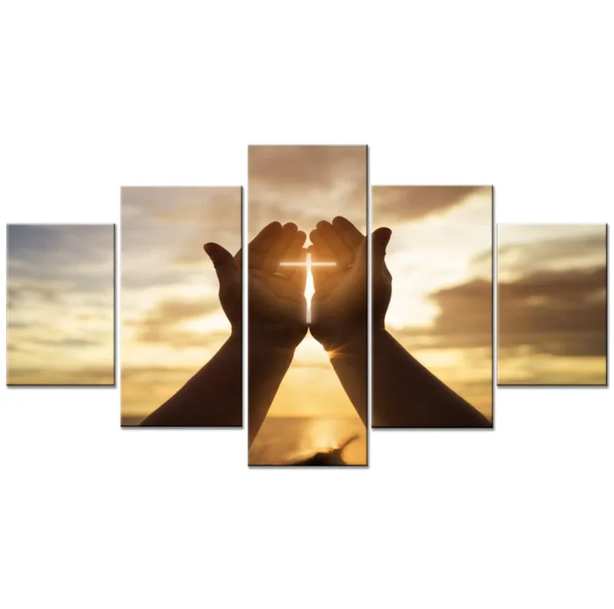 Wall Crosses Decor Jesus Hands Prayer Paintings Wall Art 5 Piece Christian Canvas Home Decor - Image 4