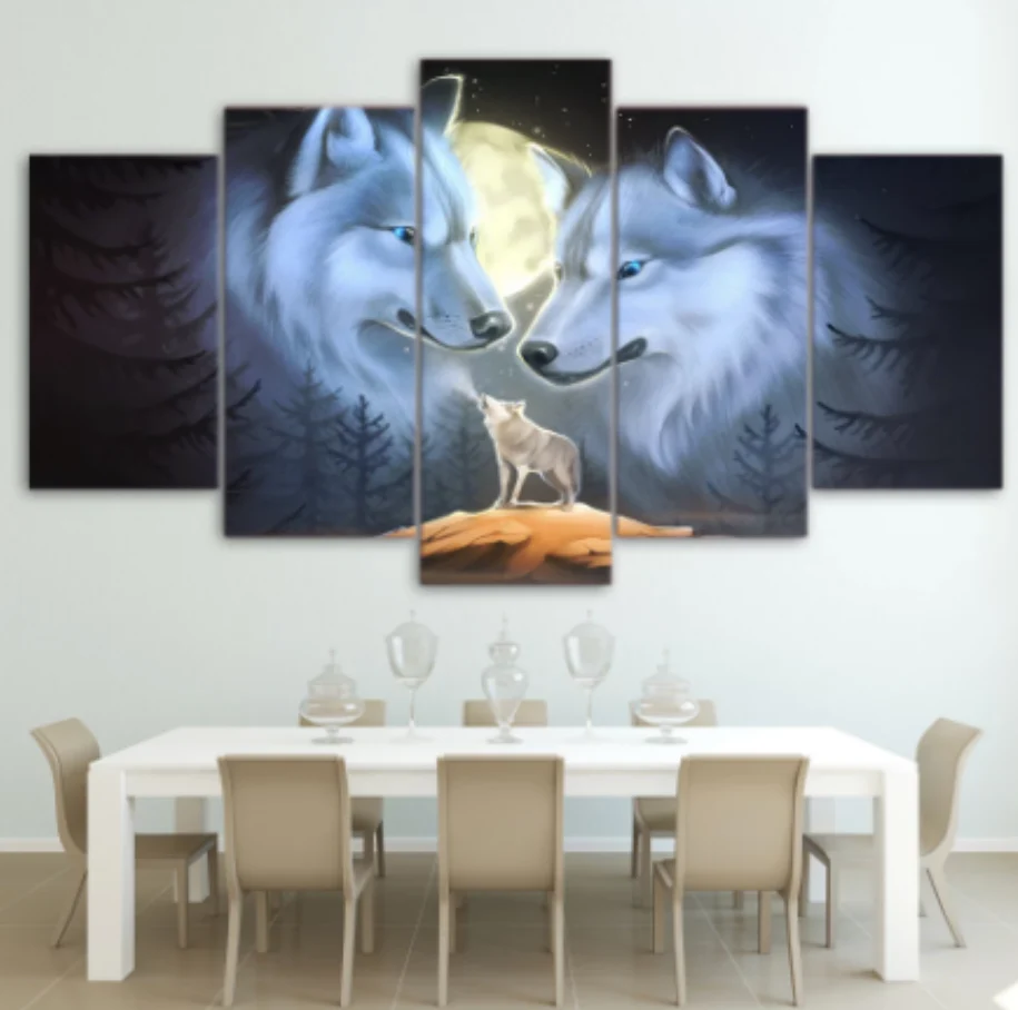 Wolf Family Full Moon 5 Panel Canvas Wall Art Home Decor 5 Piece Room Decor Canvas - Image 2