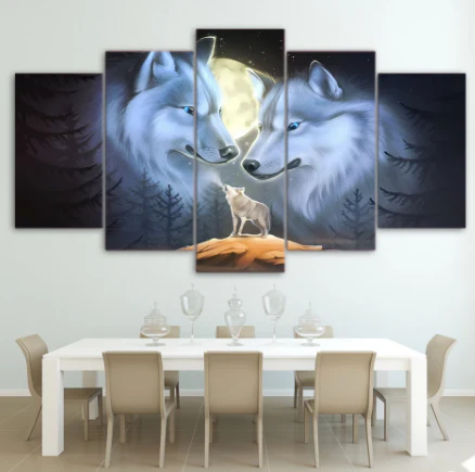 Wolf Family Full Moon 5 Panel Canvas Wall Art Home Decor 5 Piece Room Decor Canvas - Image 4