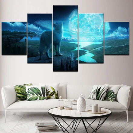 Wolf Moonlight 5 Pieces Canvas Wall Art Home Decor Living Room 5 Panel Canvas - Image 2