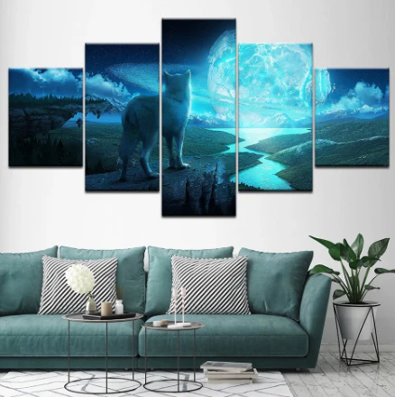 Wolf Moonlight 5 Pieces Canvas Wall Art Home Decor Living Room 5 Panel Canvas - Image 3