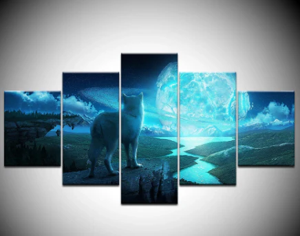 Wolf Moonlight 5 Pieces Canvas Wall Art Home Decor Living Room 5 Panel Canvas - Image 4